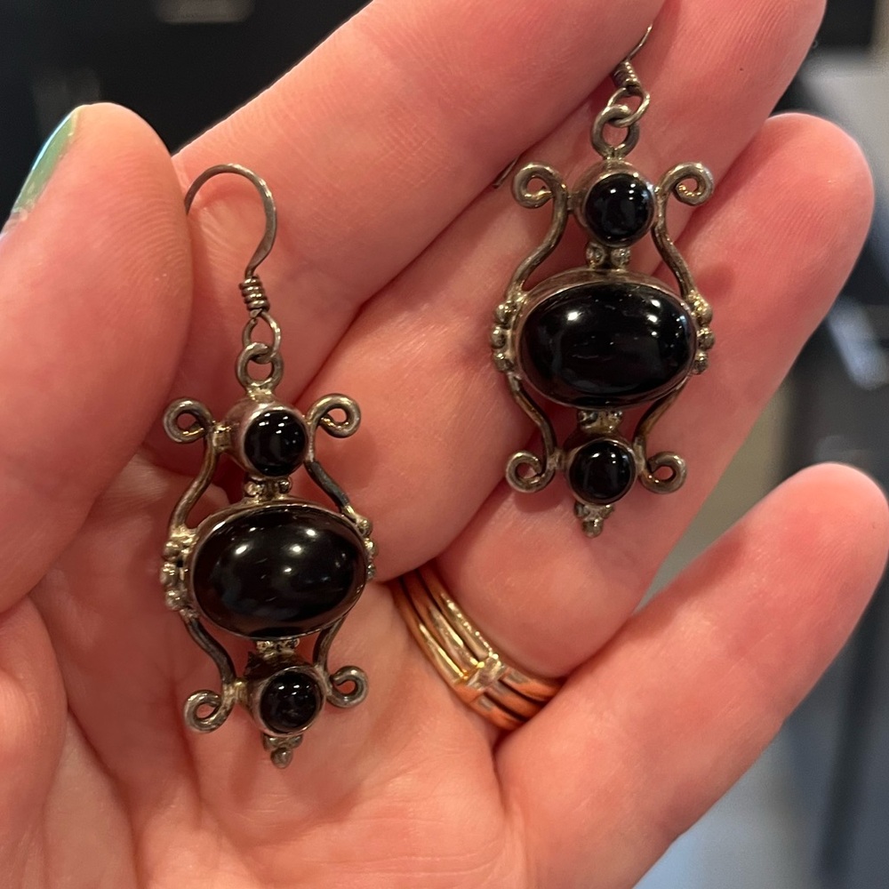 Sterling 925 Vintage Chandelier Earrings Onyx 12 grams